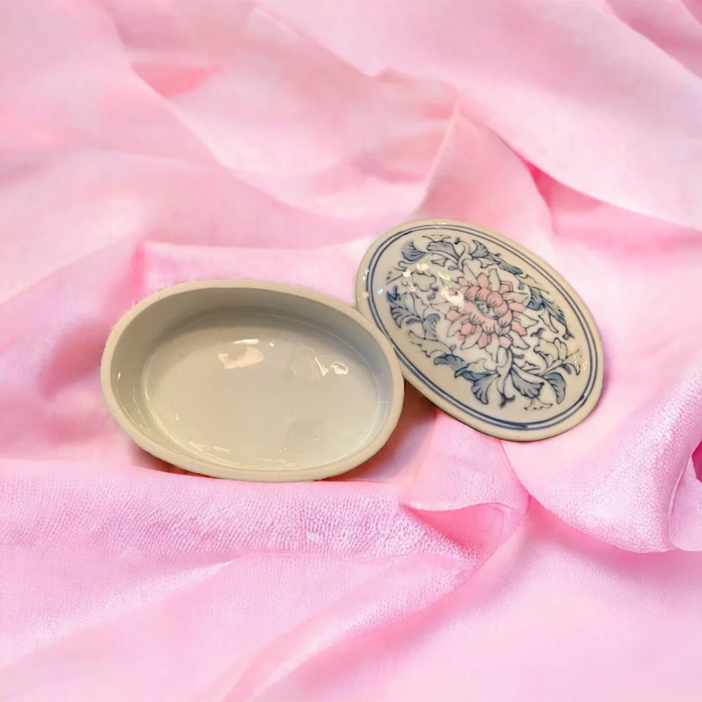 Vintage Chinoiserie Porcelain Oval Trinket Box Mint in Box Floral Blue Pink